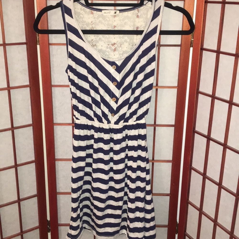 Stripe & lace dress with gathered waist